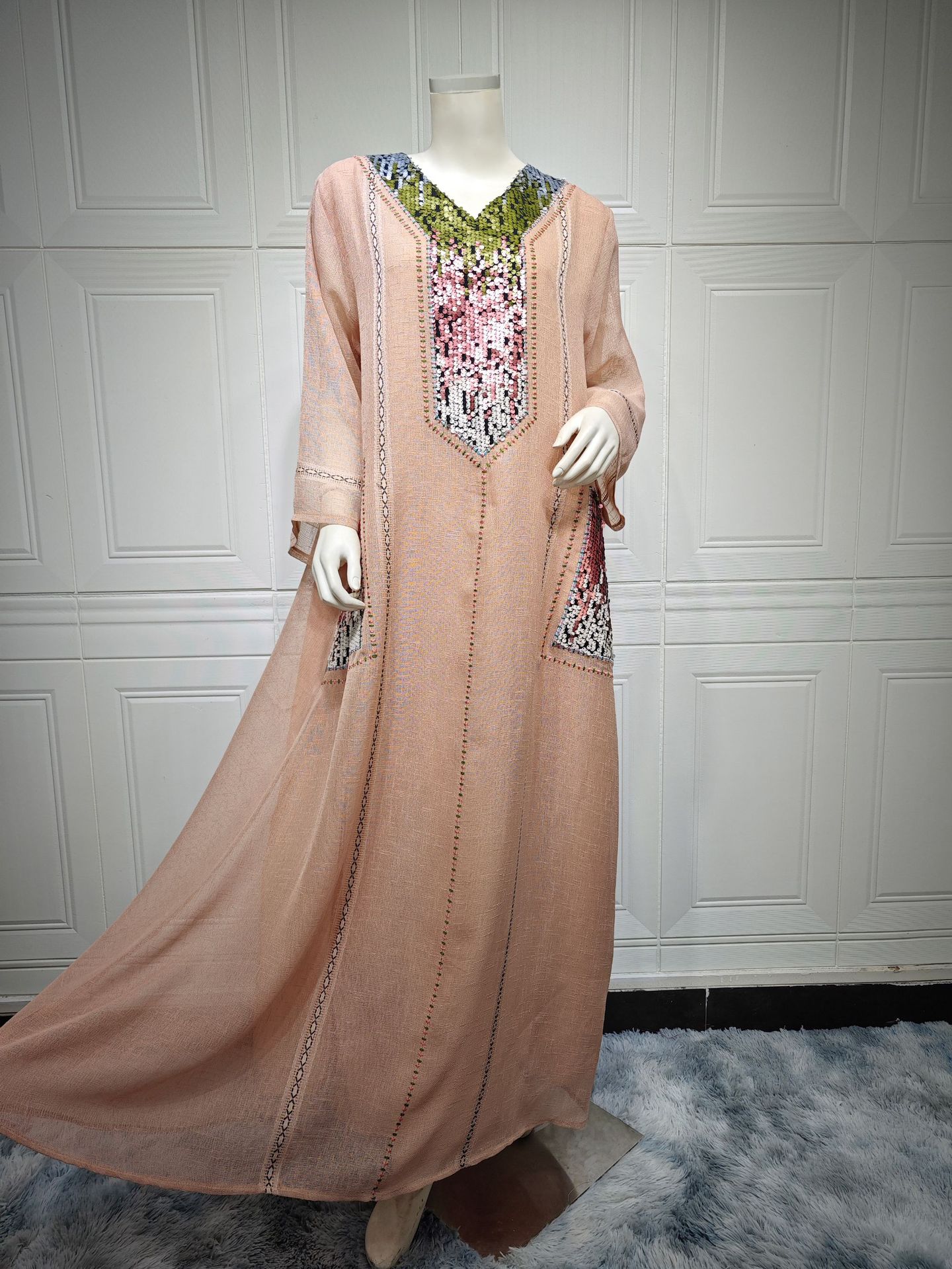 Sequin Embroidered V-Neck Long Dress, picture 5 of 12