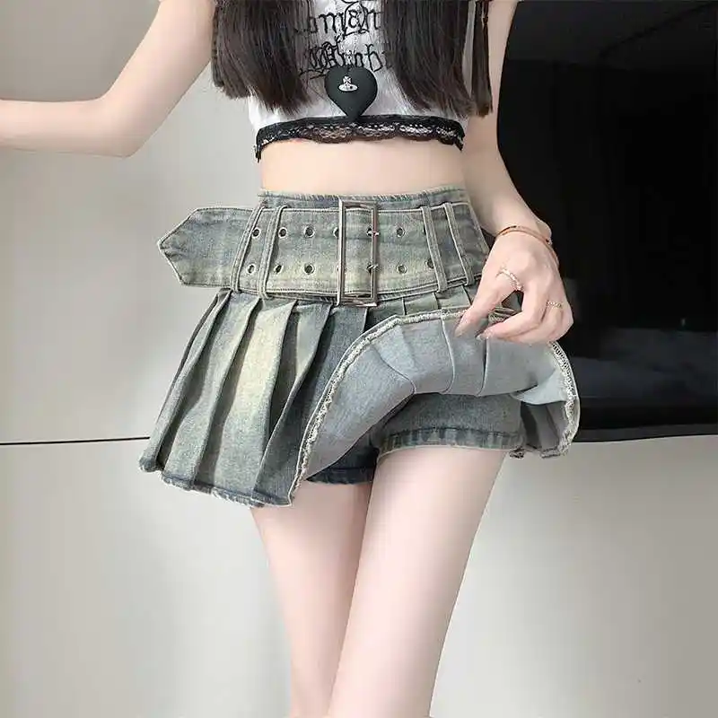 High-waisted Ultra-short Denim American Retro Bad-girl Style Sexy A-line Pleated Skirt