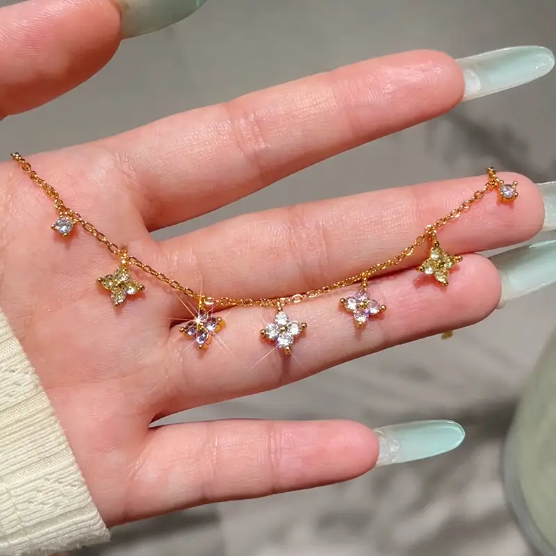 Summer Dopamine Zircon Four-leaf Clover Bracelet Female Korean Style Light Luxury High-grade Sentong Qin Net Red Student Flower Bracelet