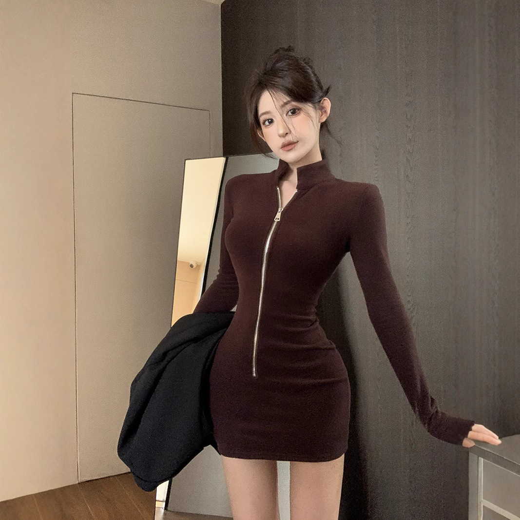 American-style Spicy Girl Stand-up Collar Long-sleeve Dress