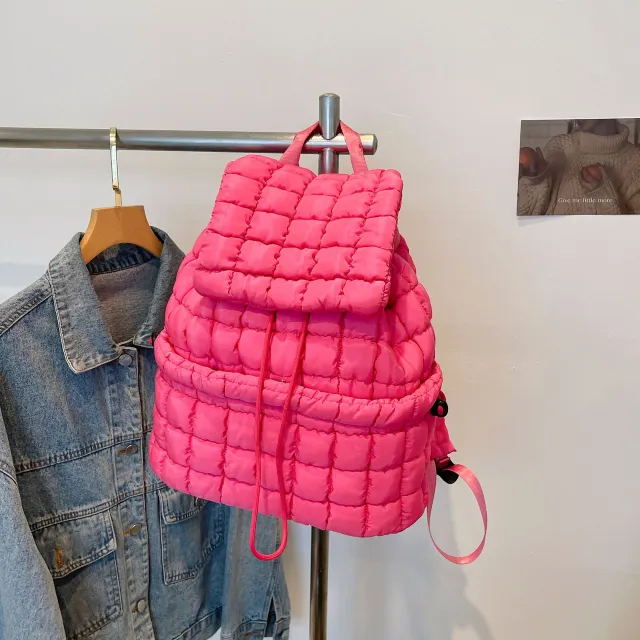 Candy Color Quilted Women Backpack Puffy Down Padded School Bag Large Cotton Travel Back Pack Bags For Women Plaids Shoulder Bag Rose - Shop at LoveMi