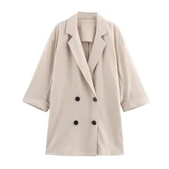 Linen Double Breasted Suit Jacket Linen Wide Leg Pants Suit - Khaki Top - View 1