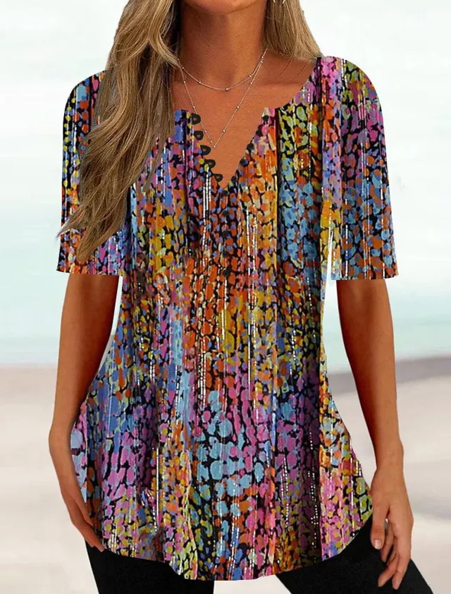 Printed V neck Button Short Sleeve Dxt10 - Shop at LoveMi