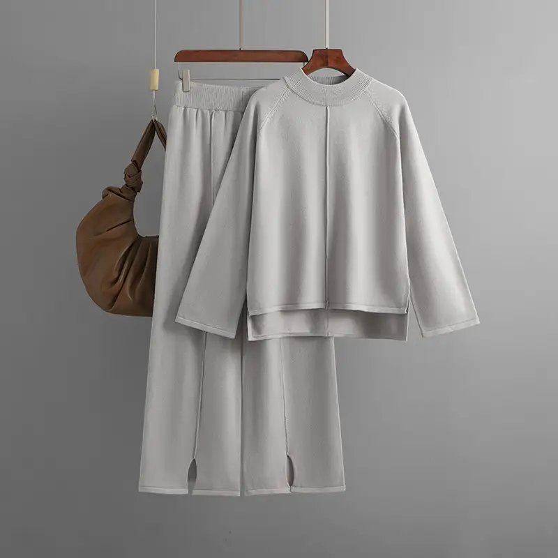 Solid Color Pullover Sweater Two-piece Slit Knitted Wide-leg Pants
