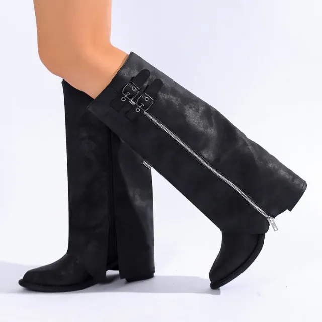 Pointed toe Vintage Leather buckle High heeled Boots For Women Black - Shop at LoveMi