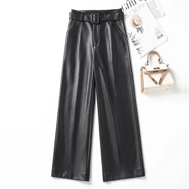 Womens Straight Leg Leather Pants High Waisted Fashionable Wide Leg Pants Black - Shop at LoveMi