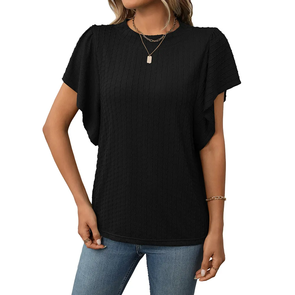 Women's Solid Color Round Neck Ruffle Sleeve Short Sleeve T-shirt Top - Black