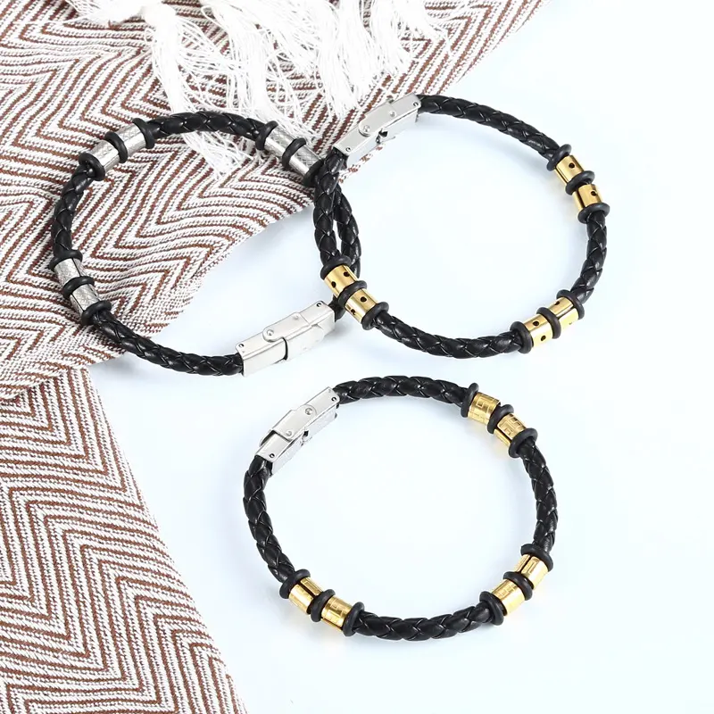 Stainless Steel Woven Leather String Couple Bracelet