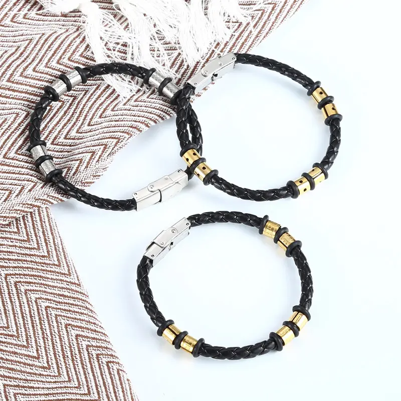 Stainless Steel Woven Leather String Couple Bracelet
