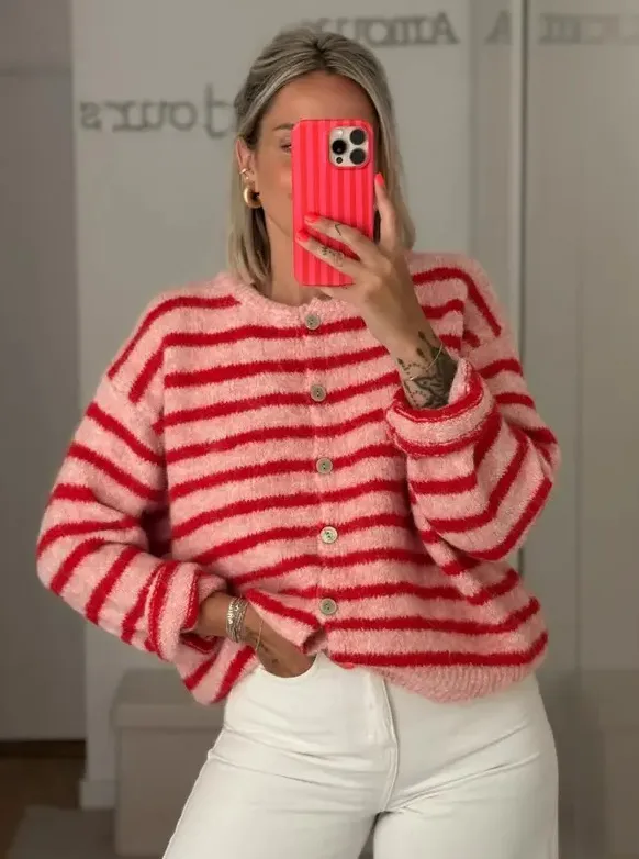 Long Sleeve Striped Color Block Women's Fashion Round Neck Casual Sweater - Pink