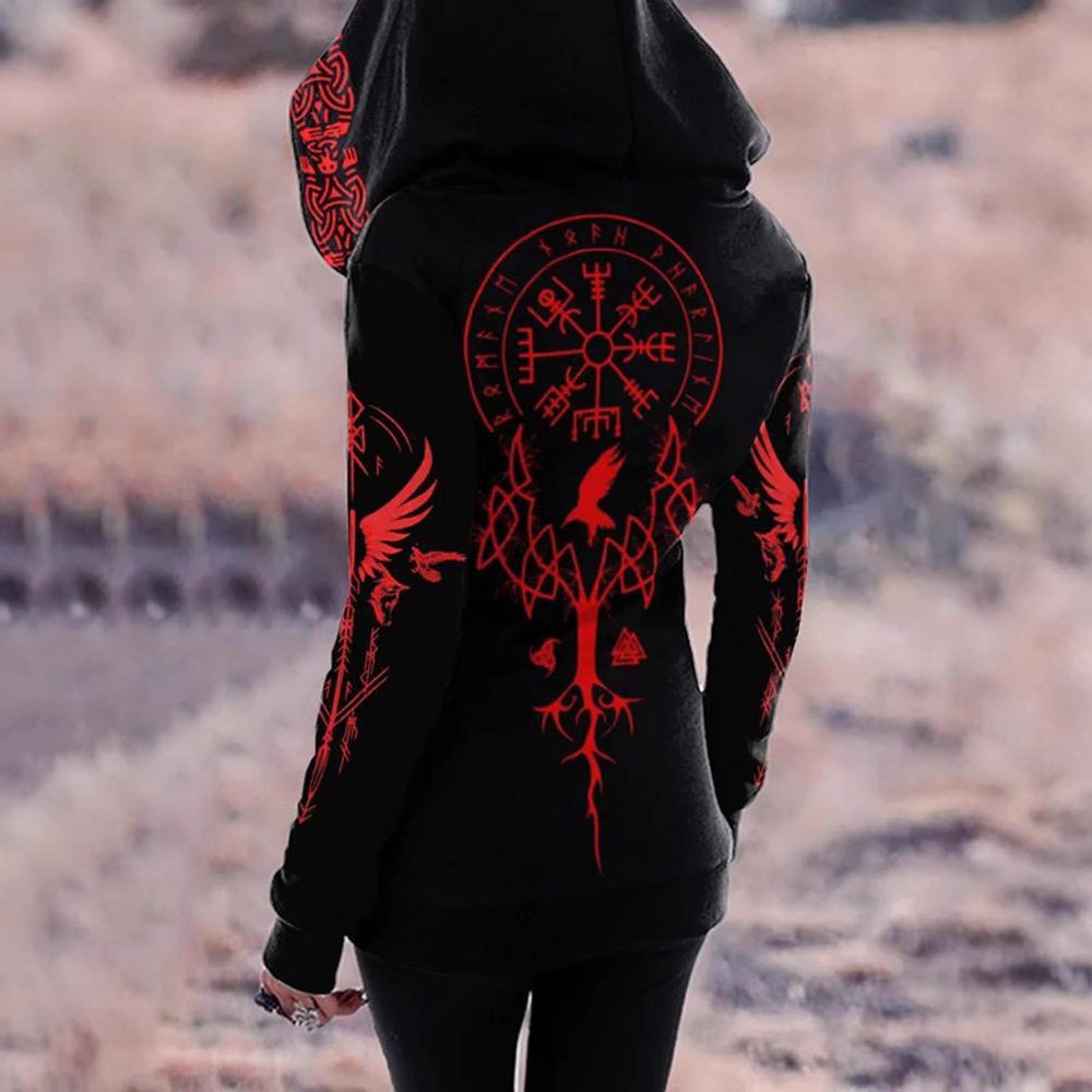 Womens Casual And Loose Retro Printed Zip-Up Hoodie