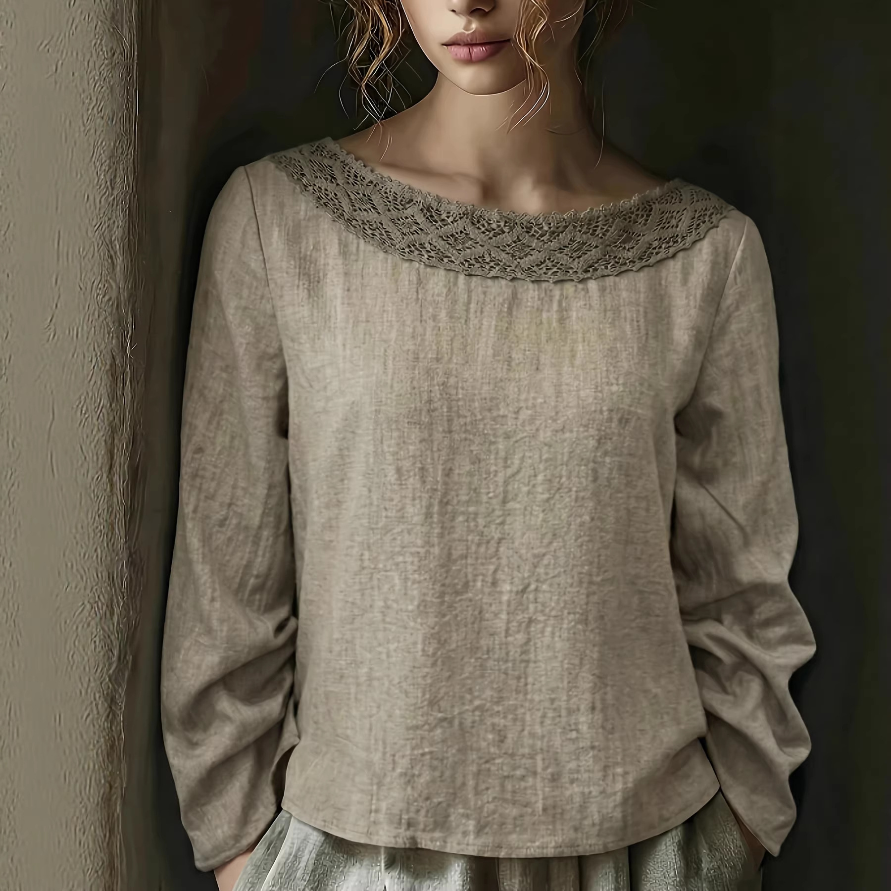 Lace-trimmed Patchwork Artistic Vintage Laid-back Style Loose Boat-neck Long-sleeve Top