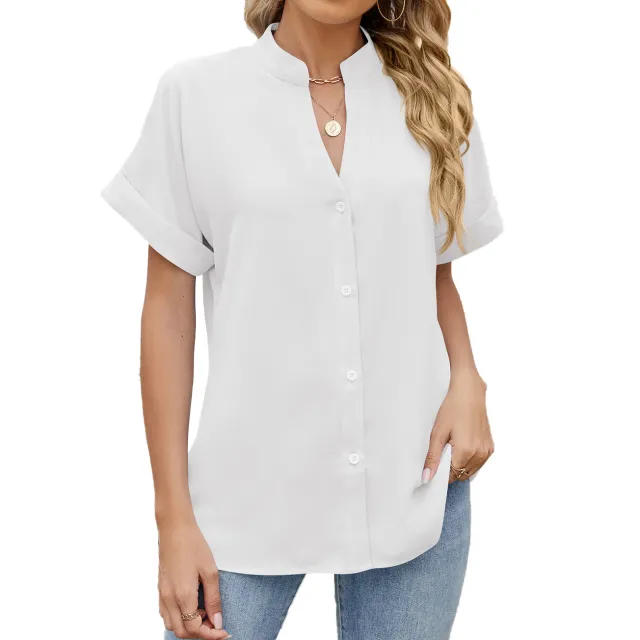 Solid Color And V neck Loose Short Sleeve Button Shirt Chiffon Shirt White - Shop at LoveMi