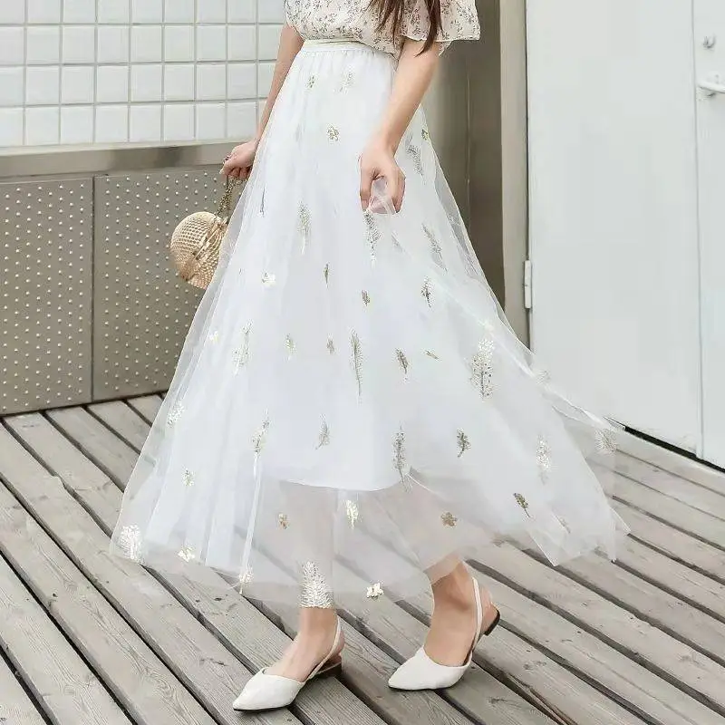 New Summer New Mid-length Versatile Ins Mesh Pleated Skirt Skirt Women's Student Long Dress A- Line Skirt Bag - White Maple Leaf