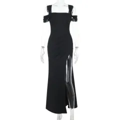 Sexy Slit Dress With Straps For Women - Black - View 1