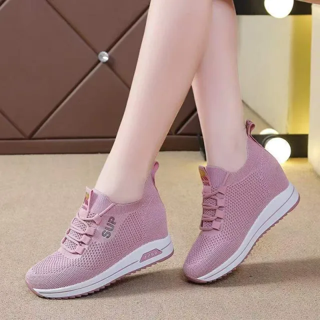 Platform Sneaker Fashionable Flying Woven Breathable Running Shoes Pink - Shop at LoveMi