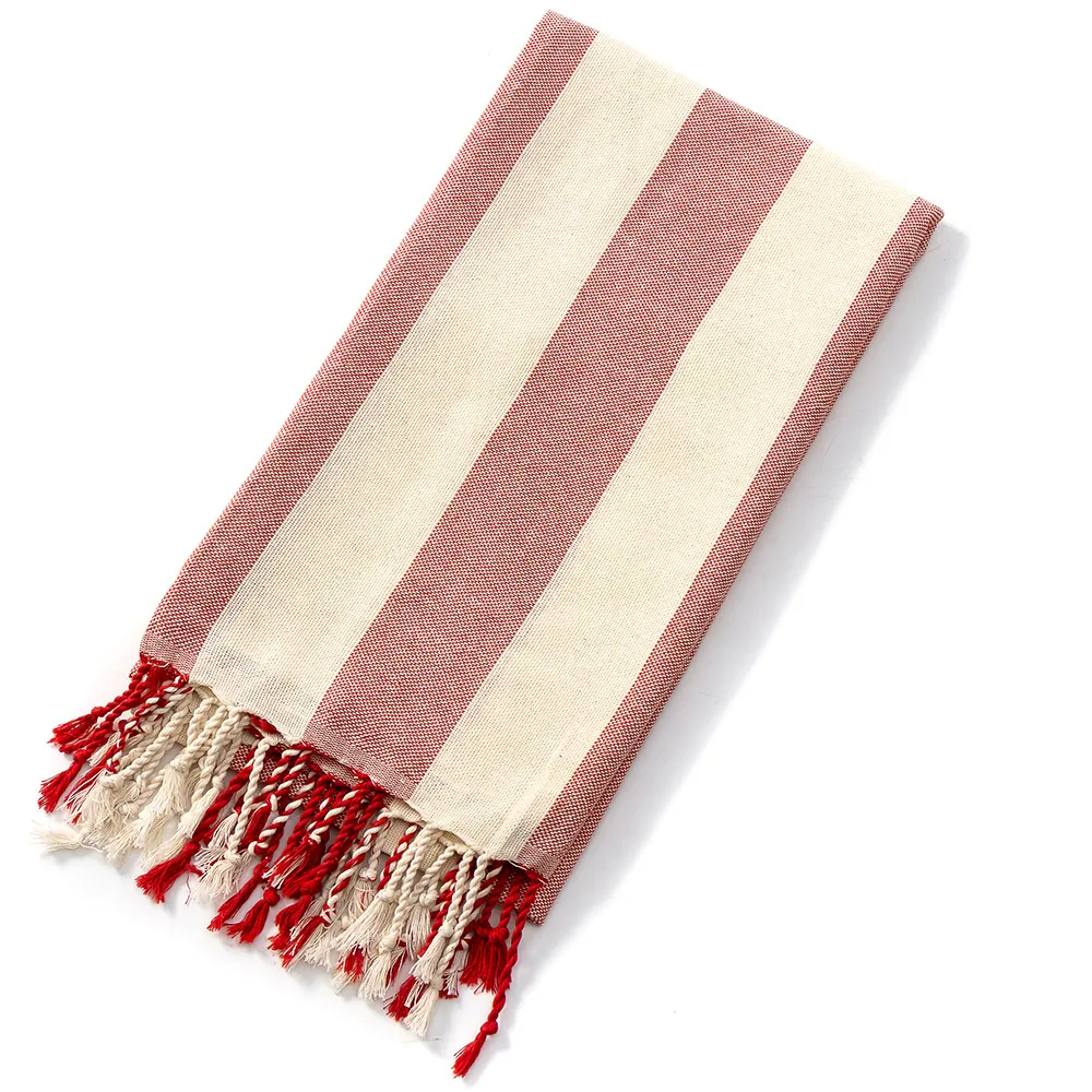 Turkish Yarn-dyed Striped Beach Towel With Tassels - Red