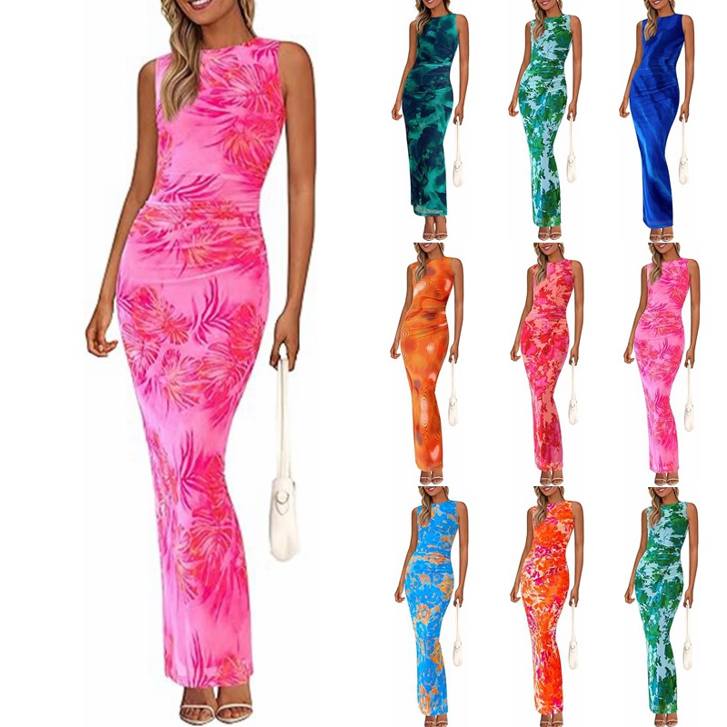 Womens Crew-Neck Pleated Floral Sheer Sleeveless Mesh Dress