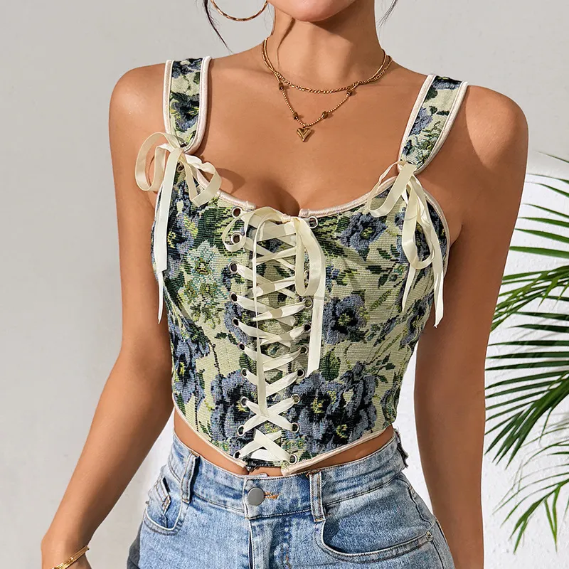 French Retro Printed Lace Up Corset Sexy Vest - Olive