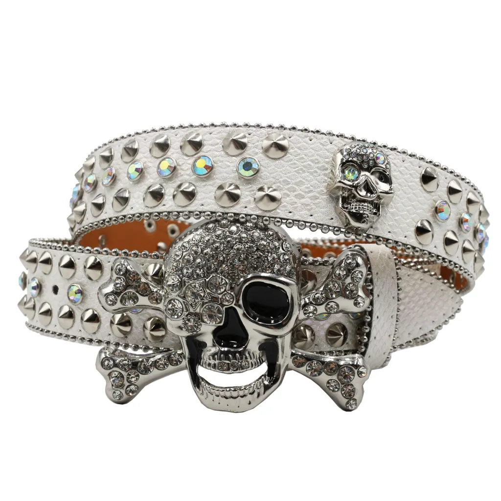 Rhinestone Women's Inlaid Rivet Snake Pattern Full Diamond Y2g Fashion Trend Belt - White