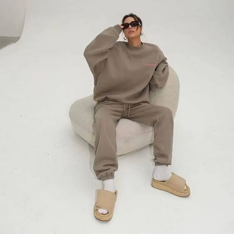 Women's Long-sleeved Round-neck Sweater Sports Pants Casual Two-piece Suit - Khaki Suit Regular