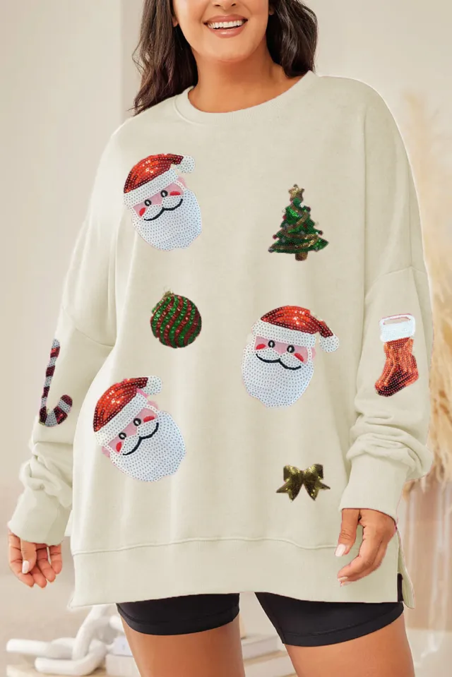 Women's Christmas Sequined Top Loose Casual Long Sleeves Sweater Milky White - Shop at LoveMi