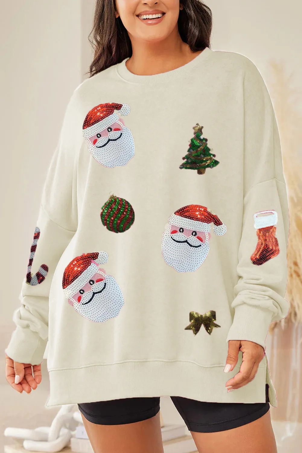 Women's Christmas Sequined Top Loose Casual Long Sleeves Sweater - Milky White