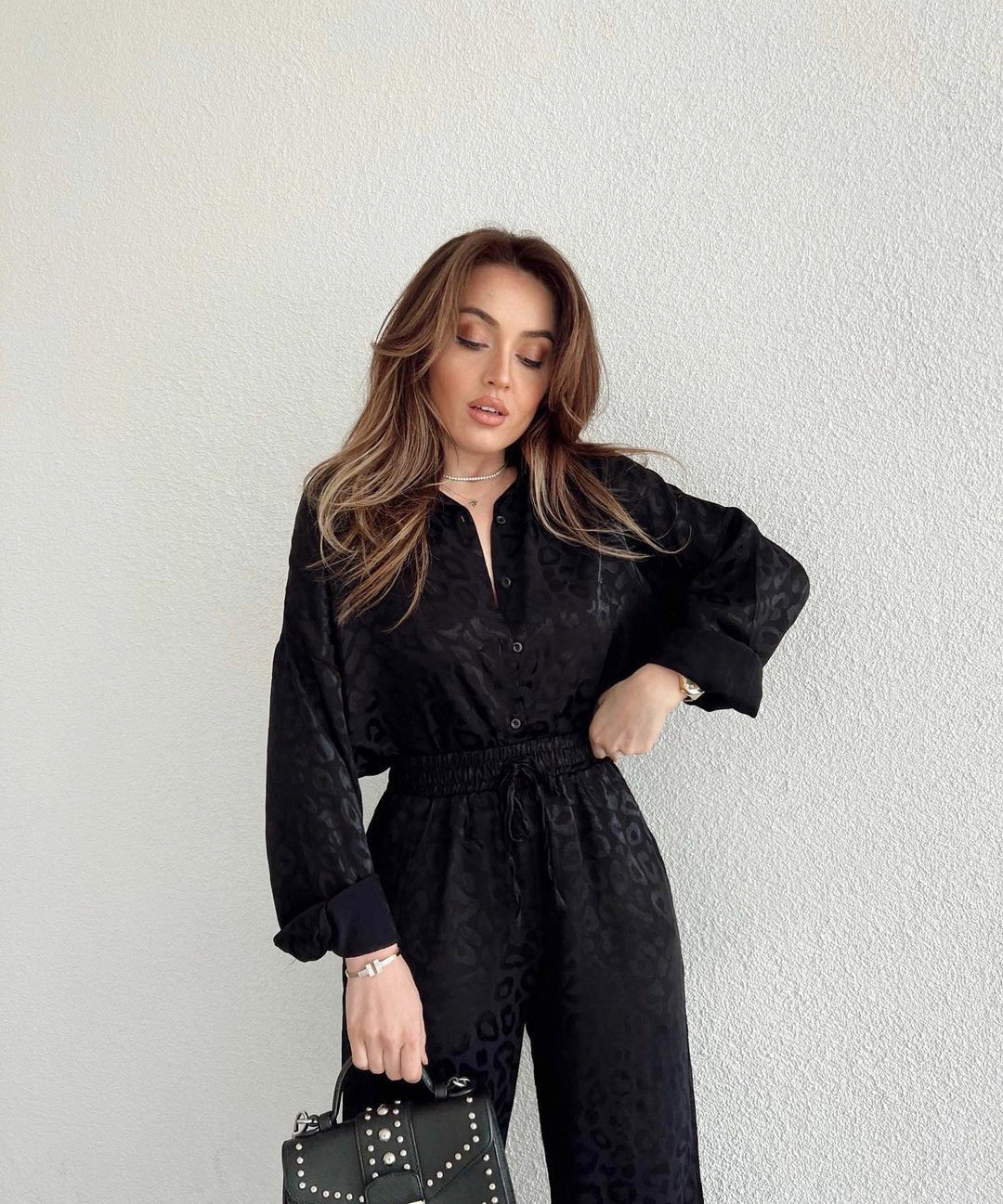 Women's Fashion Casual Loose Long-sleeved Shirt Elastic Waist Two-piece Set