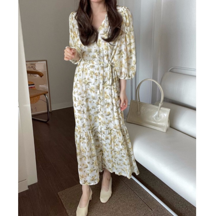 V-neck Lace Up Chiffon Long Ruffled Swing Dress