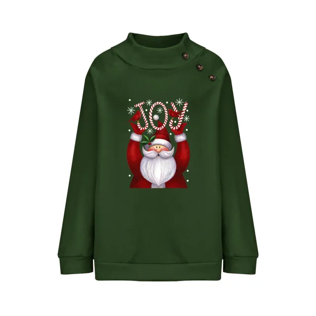 Printed Button Christmas Loose Long Sleeve Sweatershirt Women Green - Shop at LoveMi