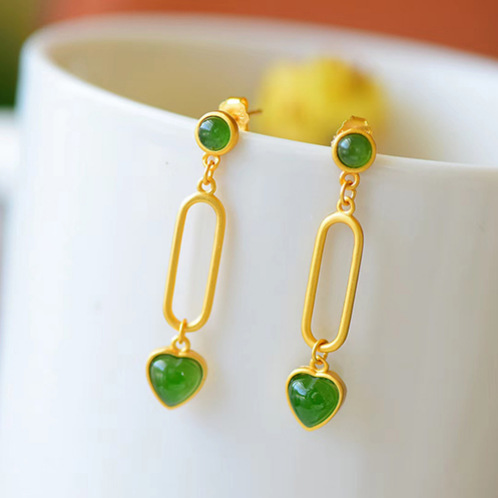 Natural Stone Green Heart-shaped Dangle Earrings