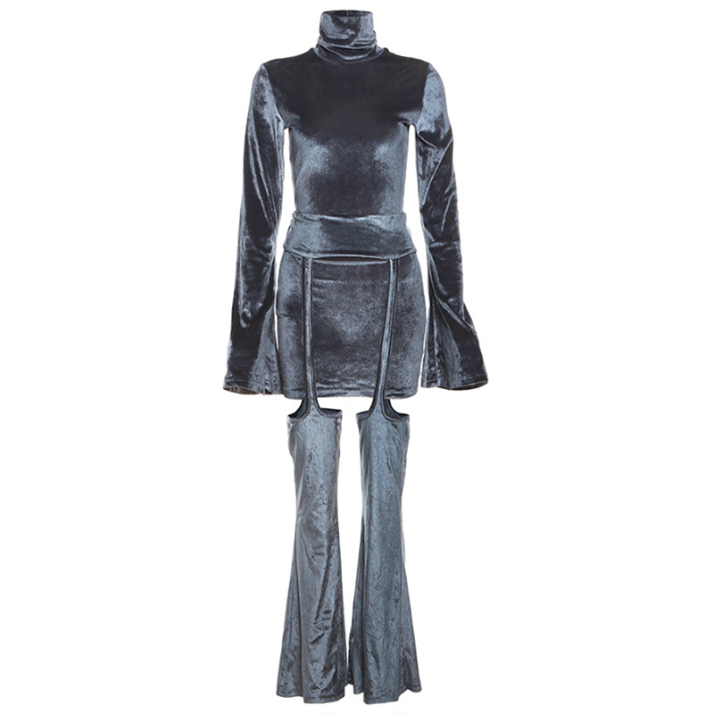 Women's Clothes Flared Sleeves Turtleneck Sheath Dress And Leg Warmer 2-piece Set