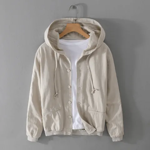 Men's Spring And Autumn Clothing Linen Jacket Hooded Jacket Loose Cotton Linen Men's Top