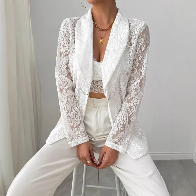 Lace Embroidery White Casual Blazer Women White - Shop at LoveMi