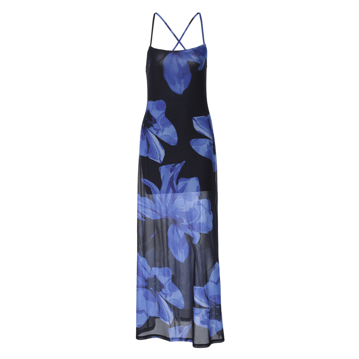 Halter Strap Mesh Floral Print Long Dress