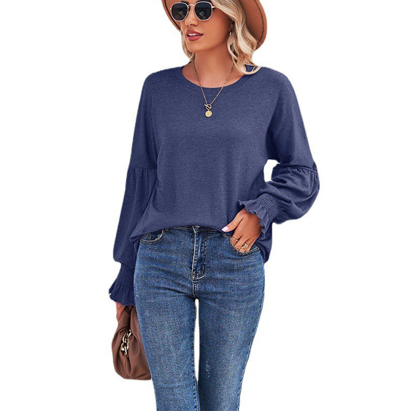 Women's Tops Amazon Round Neck Pleated Lantern Sleeve Women's Long European And American T-shirt