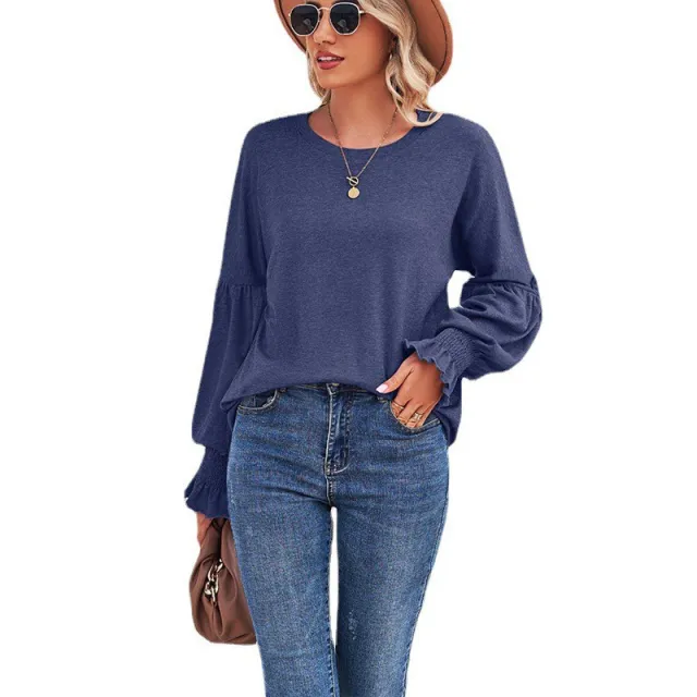 Women's Tops Round Neck Pleated Lantern Sleeve Women's Long European And American T shirt Blue - Shop at LoveMi