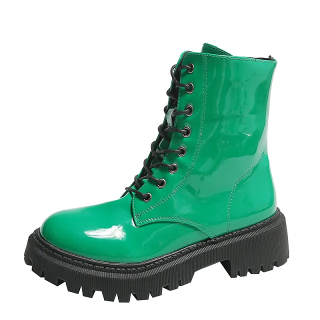European And American Patent Leather Mid Heel Round Toe Short Motorcycle Boots Green - Shop at LoveMi