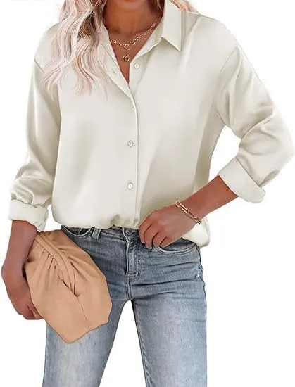 Women's Satin Top Long Sleeve Button Shirt Autumn Beige - Shop at LoveMi
