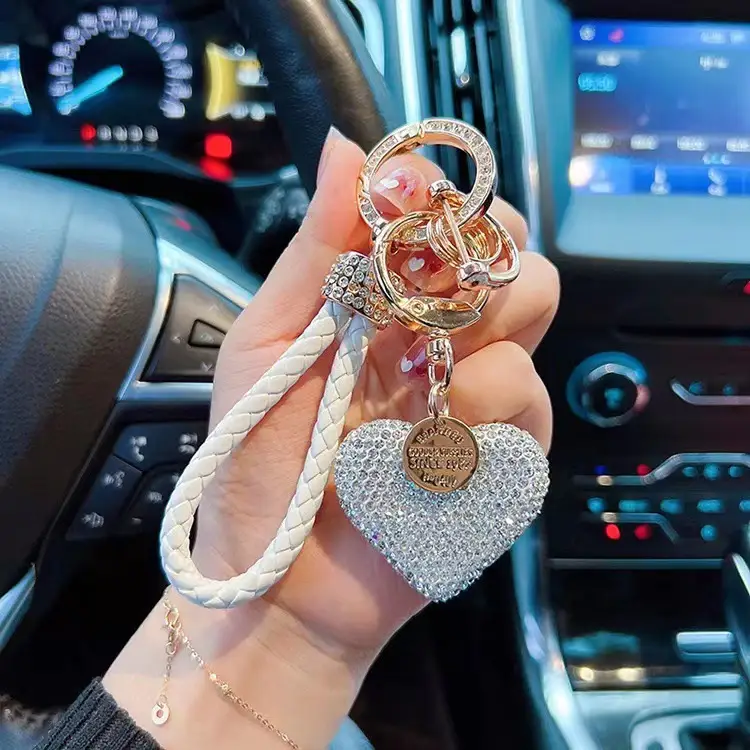 Clay Diamond Fully Jeweled Loving Heart Key Chain Diamond Leather Rope