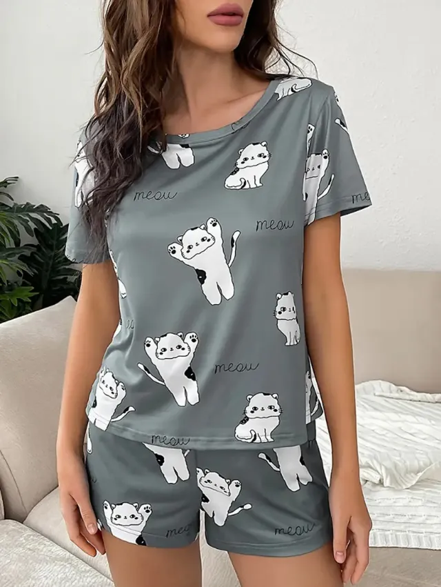 Printed Loose Short Sleeve Short Pant Set Gray - Shop at LoveMi