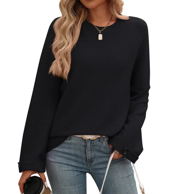 Women's Round Neck Button Cored Yarn Long Sleeve Sweater Black - Shop at LoveMi