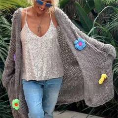 Hand Crocheting Flowers Long Cardigan Jacket Idle Style Casual Loose Women's Sweater - Gray - View 1