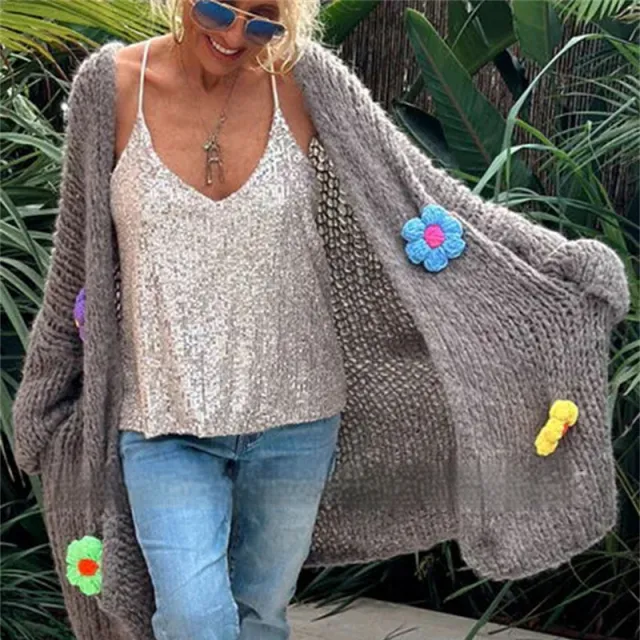 Hand Crocheting Flowers Long Cardigan Jacket Idle Style Casual Loose Women's Sweater Gray - Shop at LoveMi