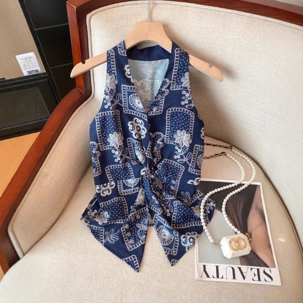 Red Sleeveless Floral Twist Sweet Spicy Waistcoat Top