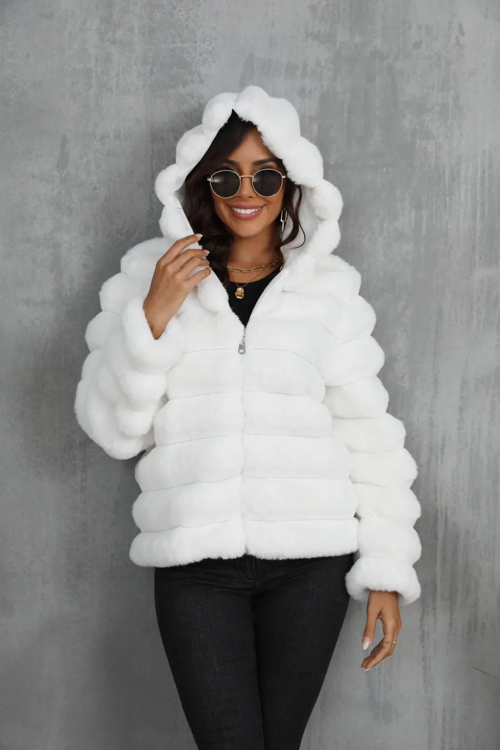 Women's Striped Hooded Imitation Fur Short Jacket - White