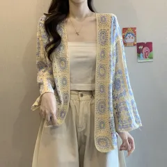 High-grade Crocheted Hollow-out Design Long-sleeved Knitted Cardigan - Blue - View 1