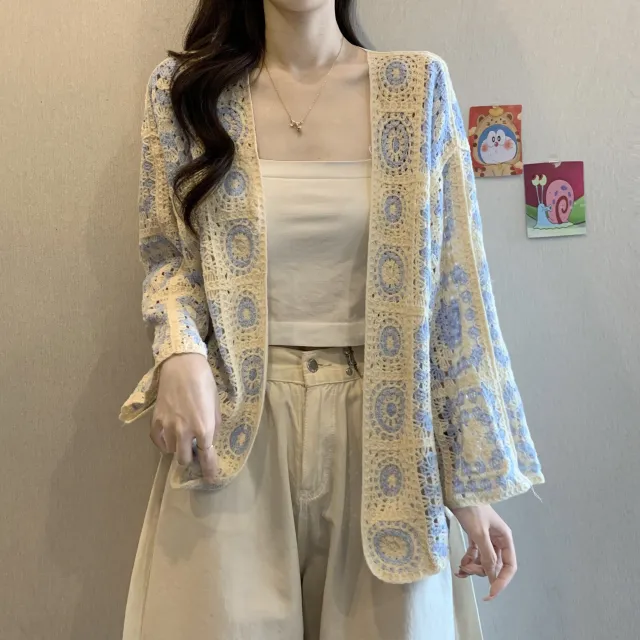 High grade Crocheted Hollow out Design Long sleeved Knitted Cardigan Blue - Shop at LoveMi