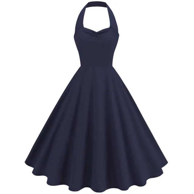 Retro Hepburn Style Little Black Dress Pure Color Halter Dress Navy Blue - Shop at LoveMi