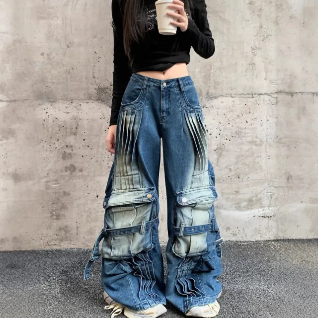 Straight Loose Washed out Deconstruction Design Cargo Jeans Female Blue - Shop at LoveMi